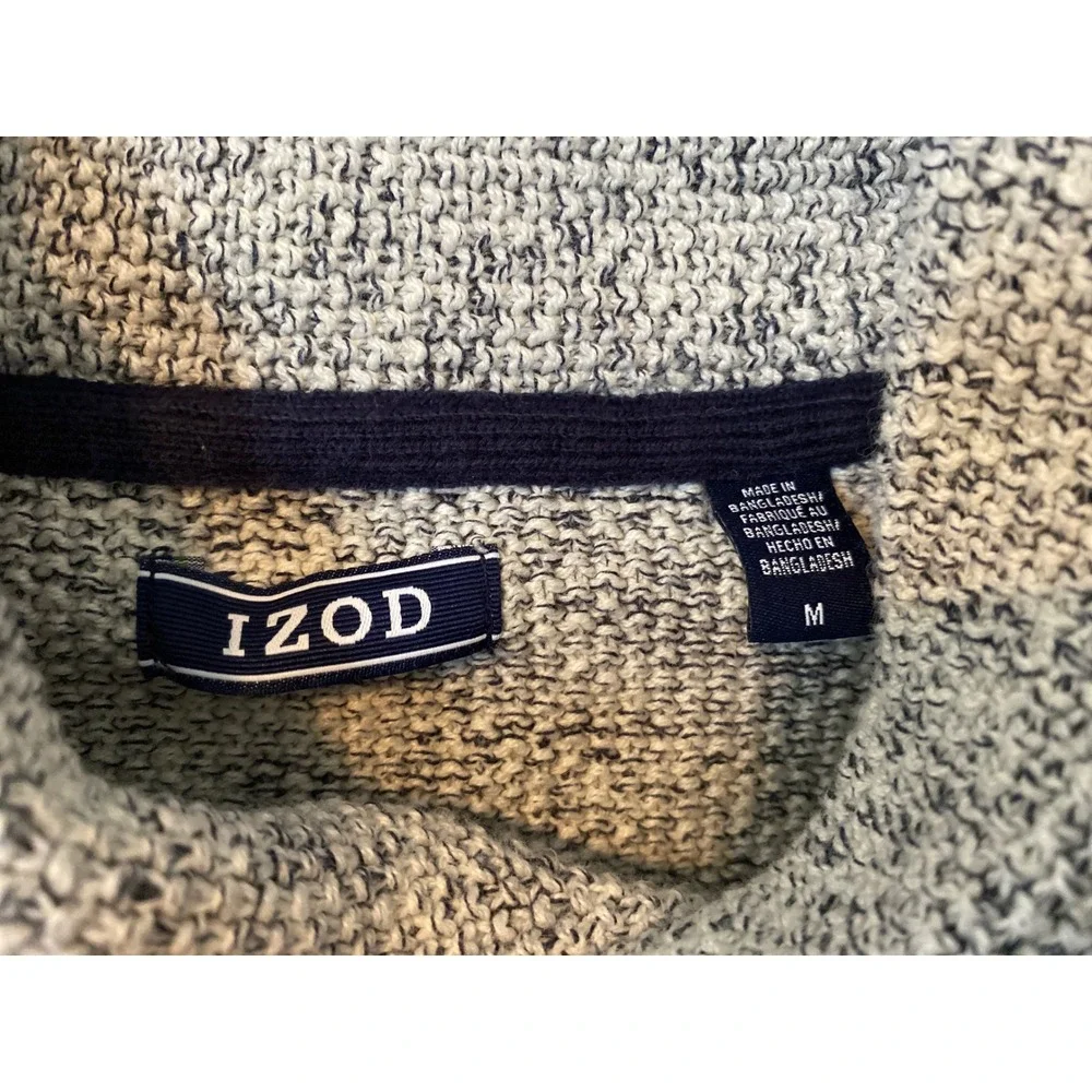 IZOD Mens Cowl Neck Sweater Gray Blue Striped Marled Knit Pullover Medium